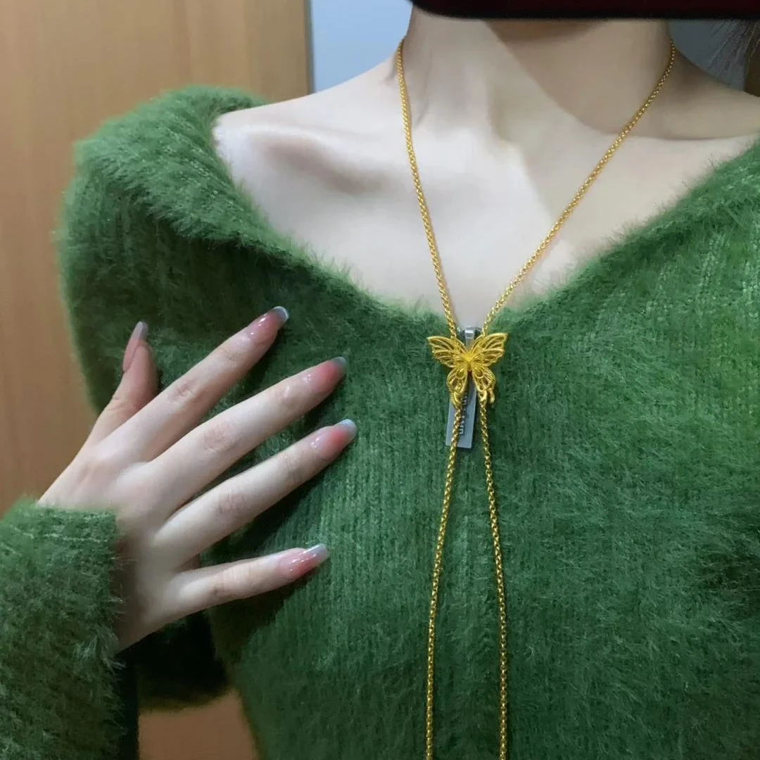 铜合金项链 古法花丝立体蝴蝶长款项链女抽拉自由调节流苏锁七夕