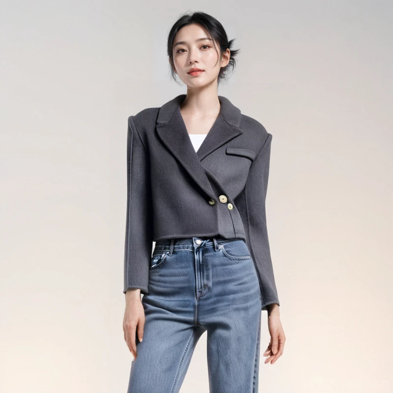 2024秋冬新款时尚气质百搭设计感纯色短款毛呢大衣2425-2410