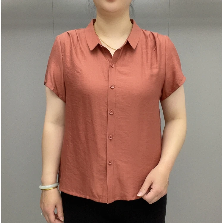 纯色翻领夏季宽松百搭中老年女装皱邹纱时尚气质妈妈装衬衫