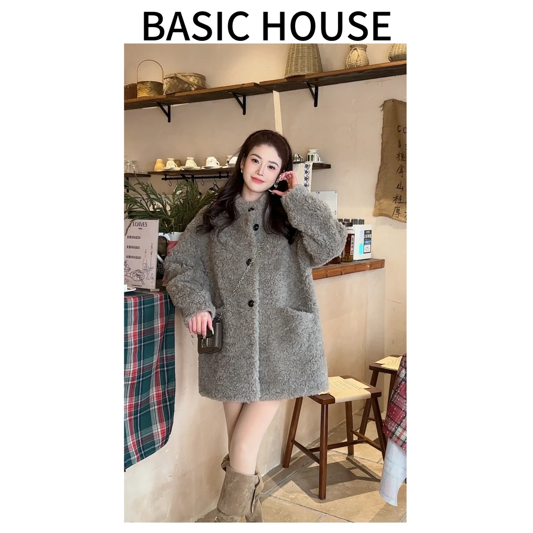 Basic House/百家好新款羊毛立领冬季外套高端百搭中长款大衣女A
