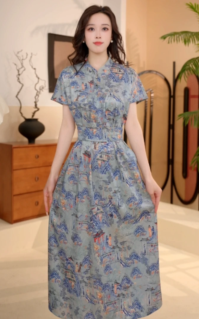 【刘七七山水庭院】新中式设计感收腰显瘦连衣裙B99