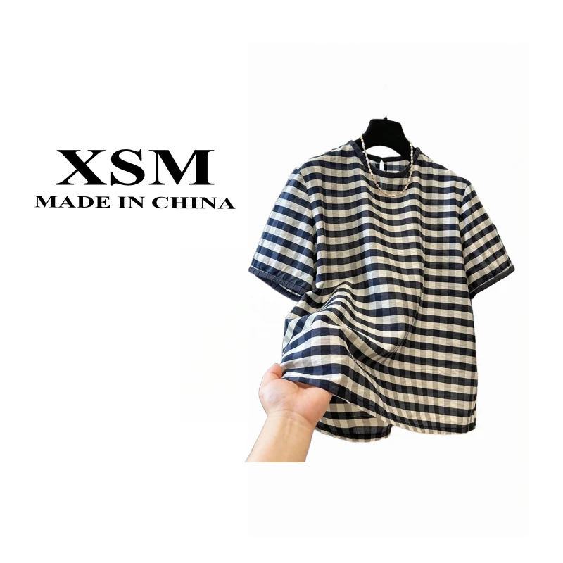 复古撞色格子独特漂亮气质小衫女夏季薄款圆领衬衫上衣00960/AS