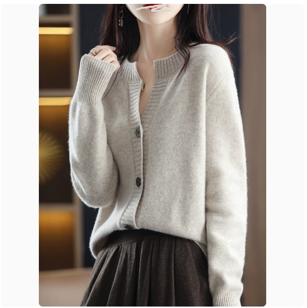 剪刀领开衫！厚！春季新款女宽边圆领开衫长袖毛衣简约针织衫外搭