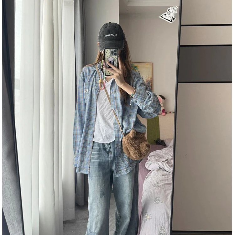 美式格子衬衫女秋季新款蓝色衬衣外套oversize宽松学院风上衣长袖