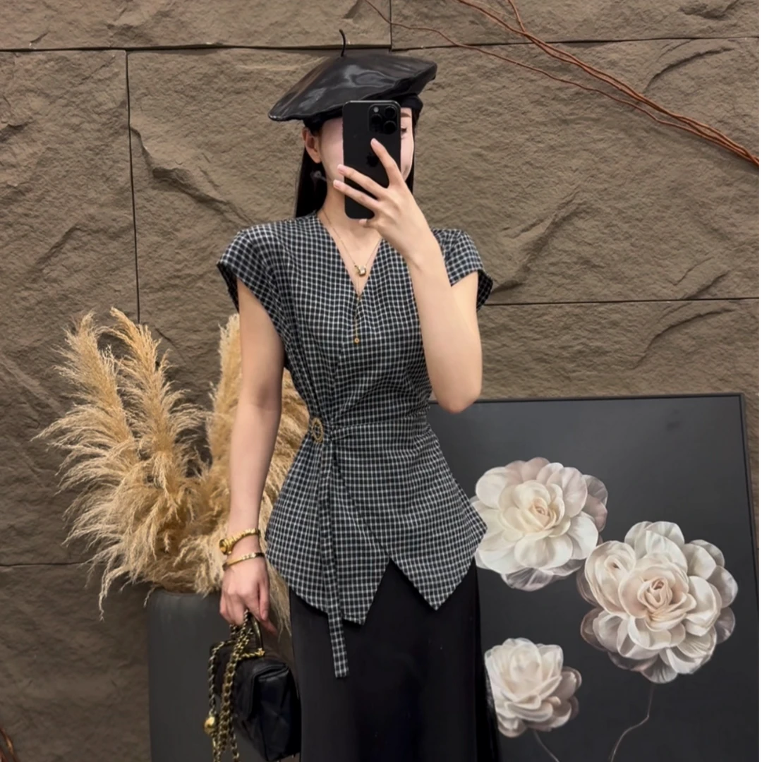 范范力推--不规则收腰系带格纹衬衫2025夏季新款独特超好看小衫潮