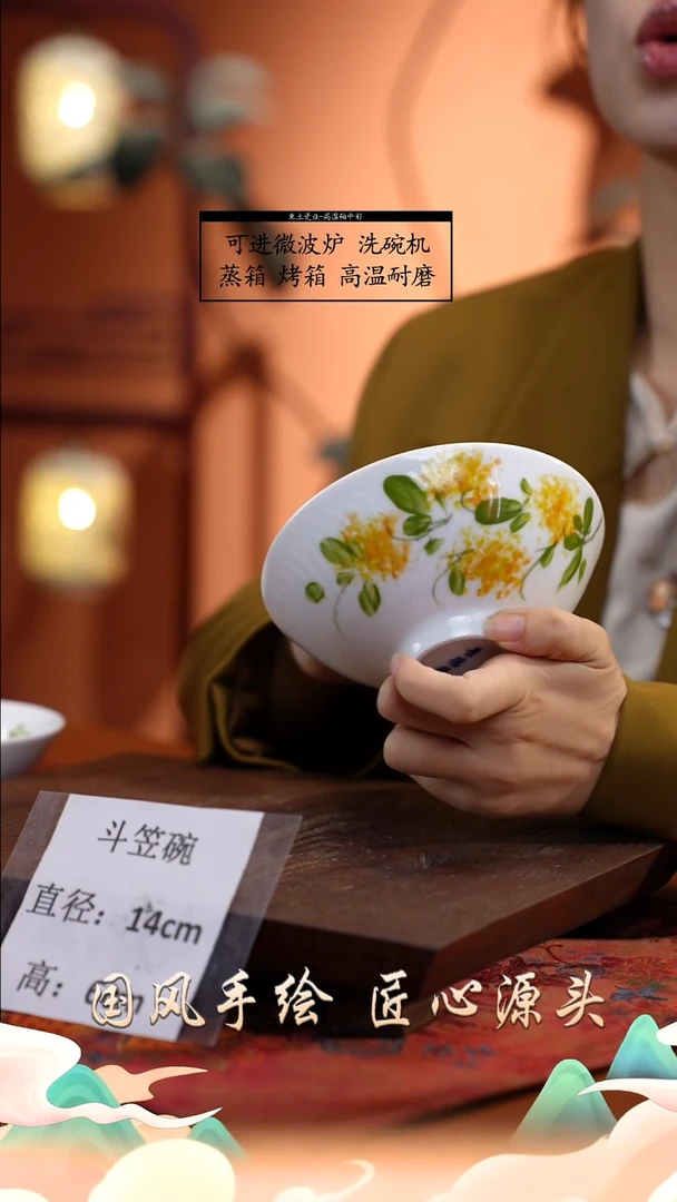 陶瓷景德镇高温釉中彩斗笠碗直径14高6