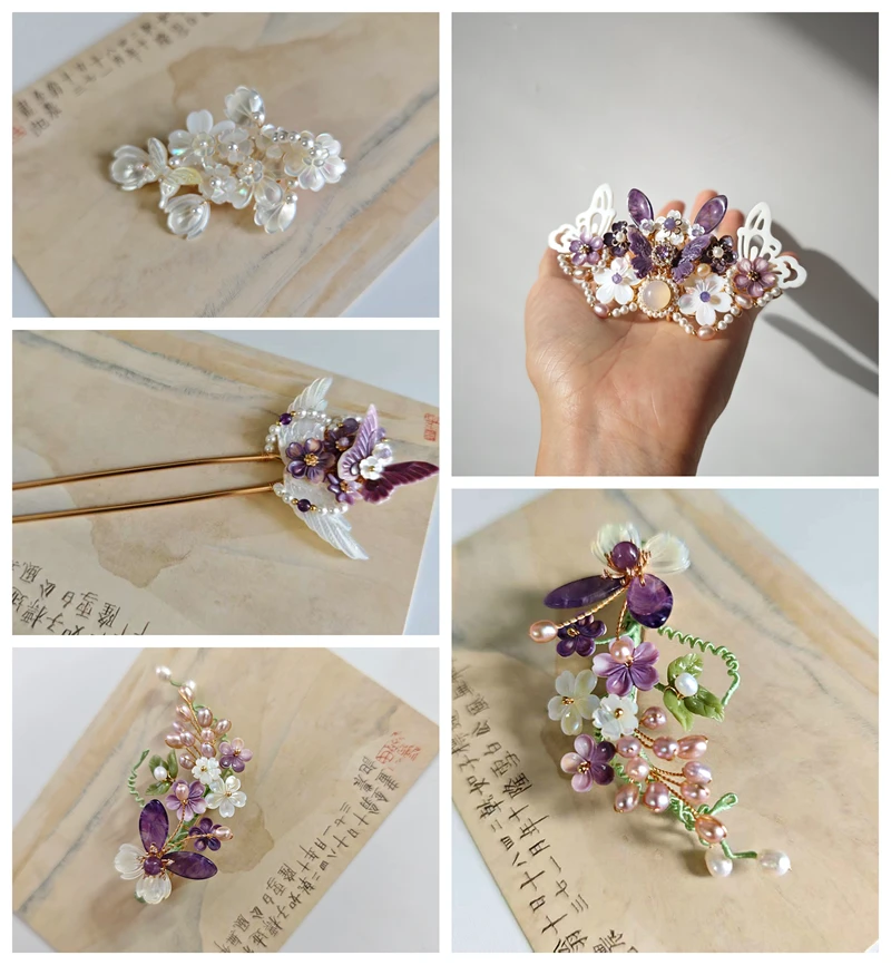 风雪初晴紫贝星河发冠发夹白雪公主汉服手工百搭紫韵萌珍发钗