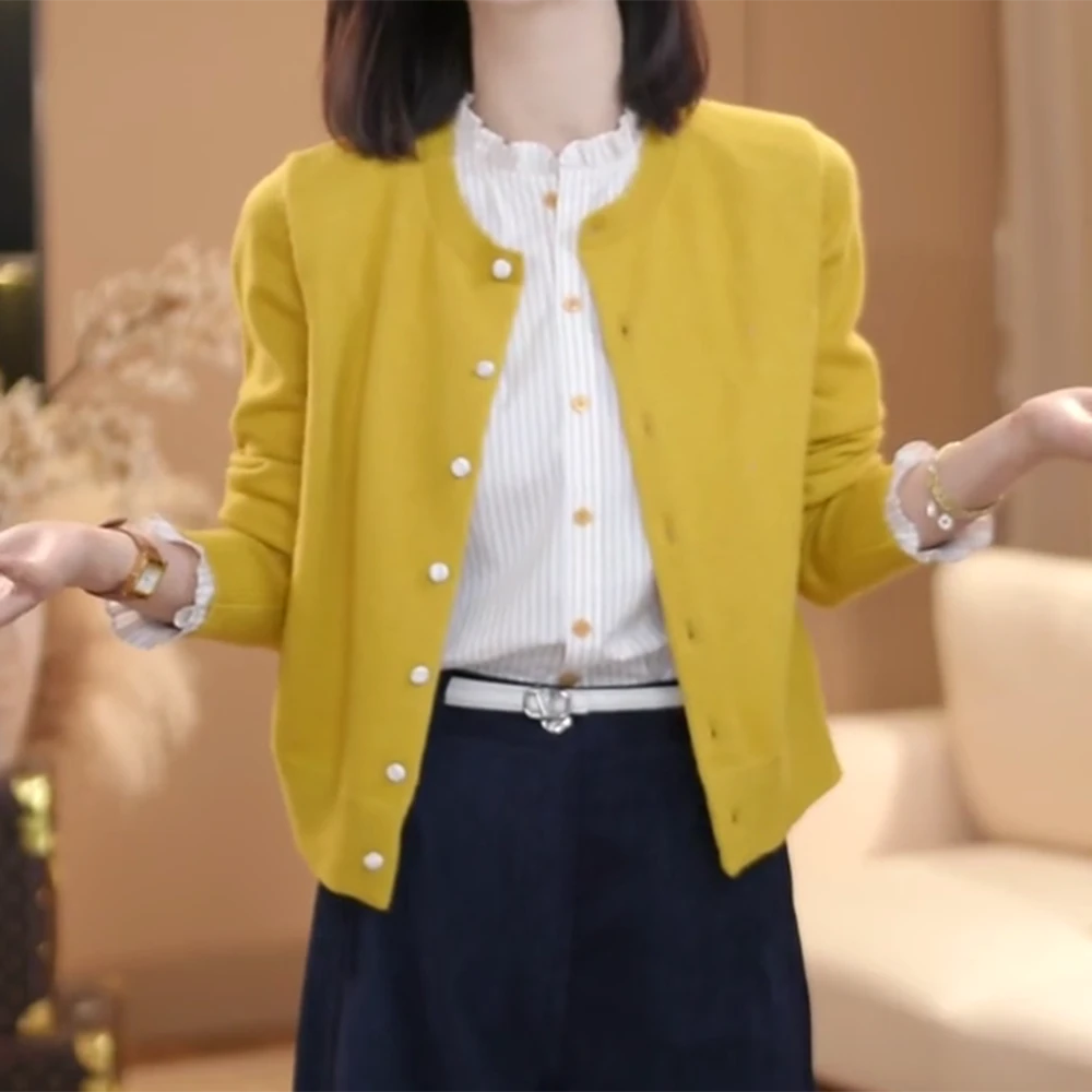 【秋月】秋季新款精致荷叶领假两件撞色仙女风长袖针织开衫C6260
