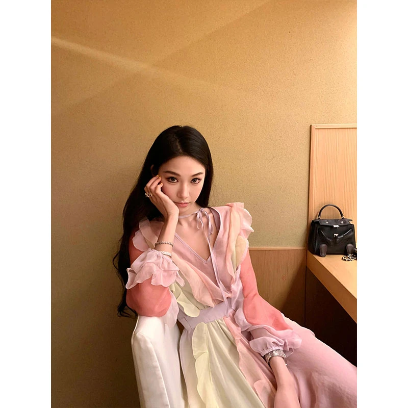 超仙女范 2025夏季新款气质收腰拼色大摆仙女连衣裙独特绝美长裙