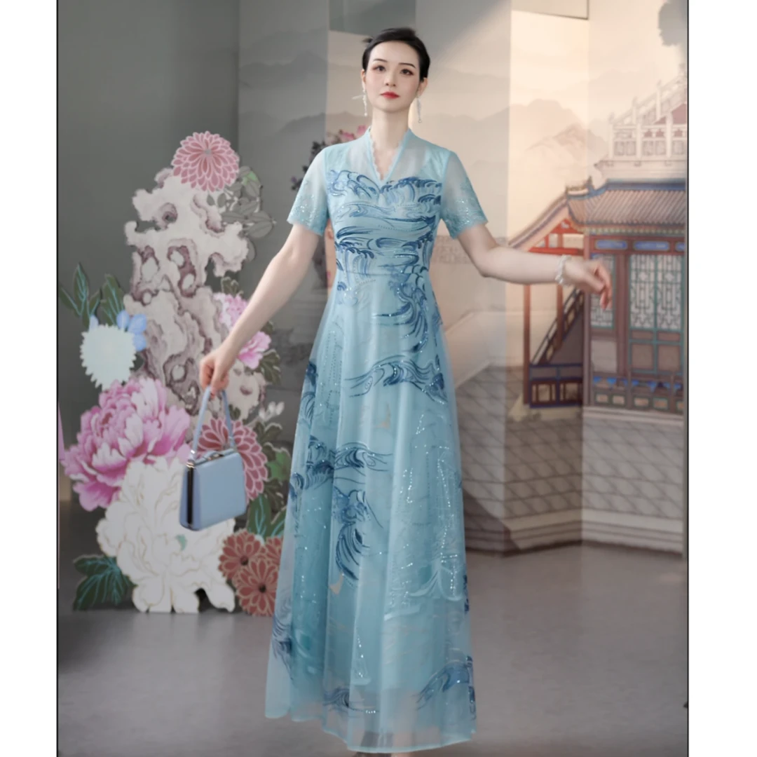 SUSSI古色丨“海上丝绸”高级感薄荷曼波减龄刺绣短袖高腰连衣裙