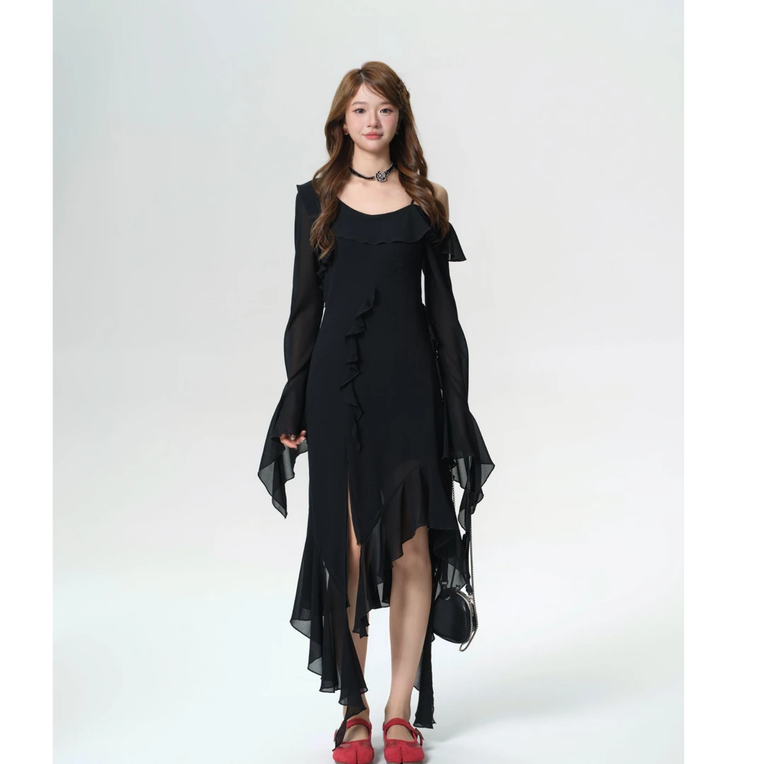 赫本漫舞/co&sheng重生小个子夏季气质飘逸长袖连衣裙收腰修身