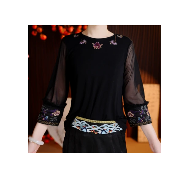 【红花】小雪新中式国风妈妈装网纱袖打底衫
