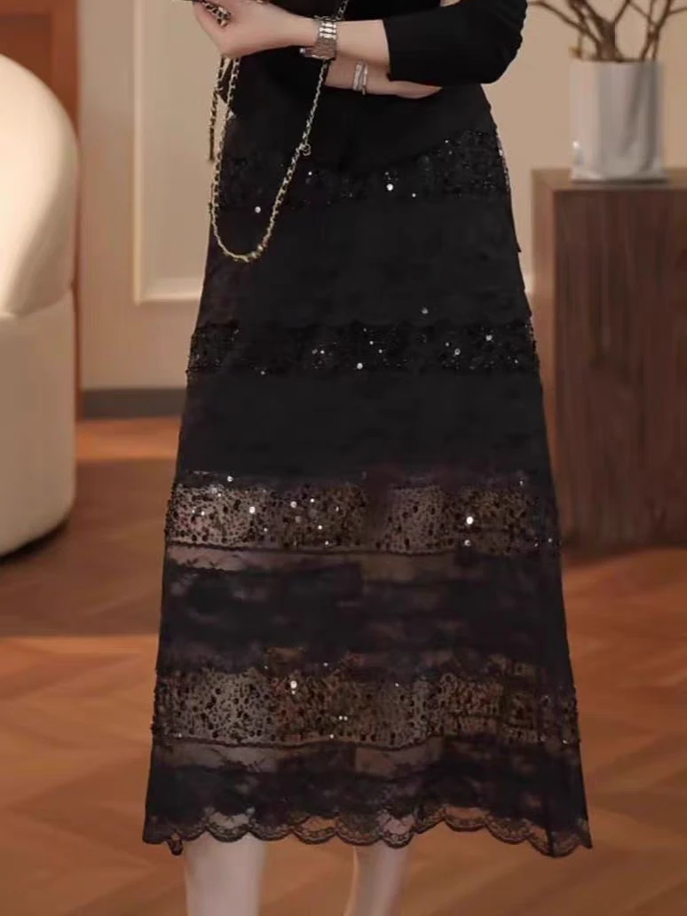 LJ001夏季蕾丝亮片重工高腰网红时尚气质半身裙