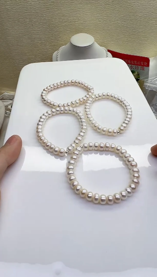 银S925镶嵌手链淡水珍珠白色算盘珠7-8mm