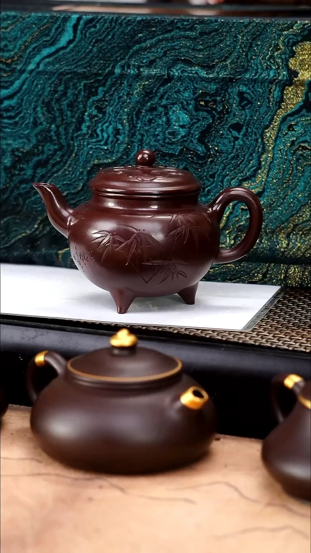 茶壶紫砂深井紫泥精工竹刻大斌如意150cc