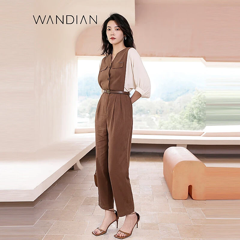 婉甸棕褐色连身长裤夏季通勤风蝙蝠袖拼接连体裤1232J01RS2