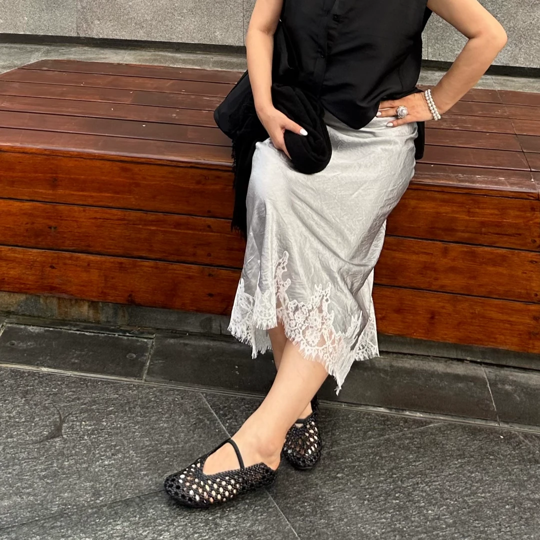 Fen姐|【会开花的云】法式设计感醋酸蕾丝拼接百搭A字包臀裙25230