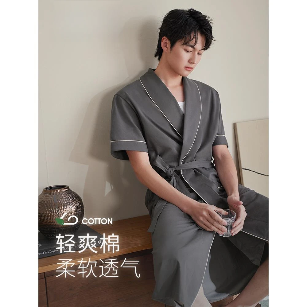 纯棉睡袍男士夏季薄款短袖睡衣2025新款浴袍加大码宽松新款家居服