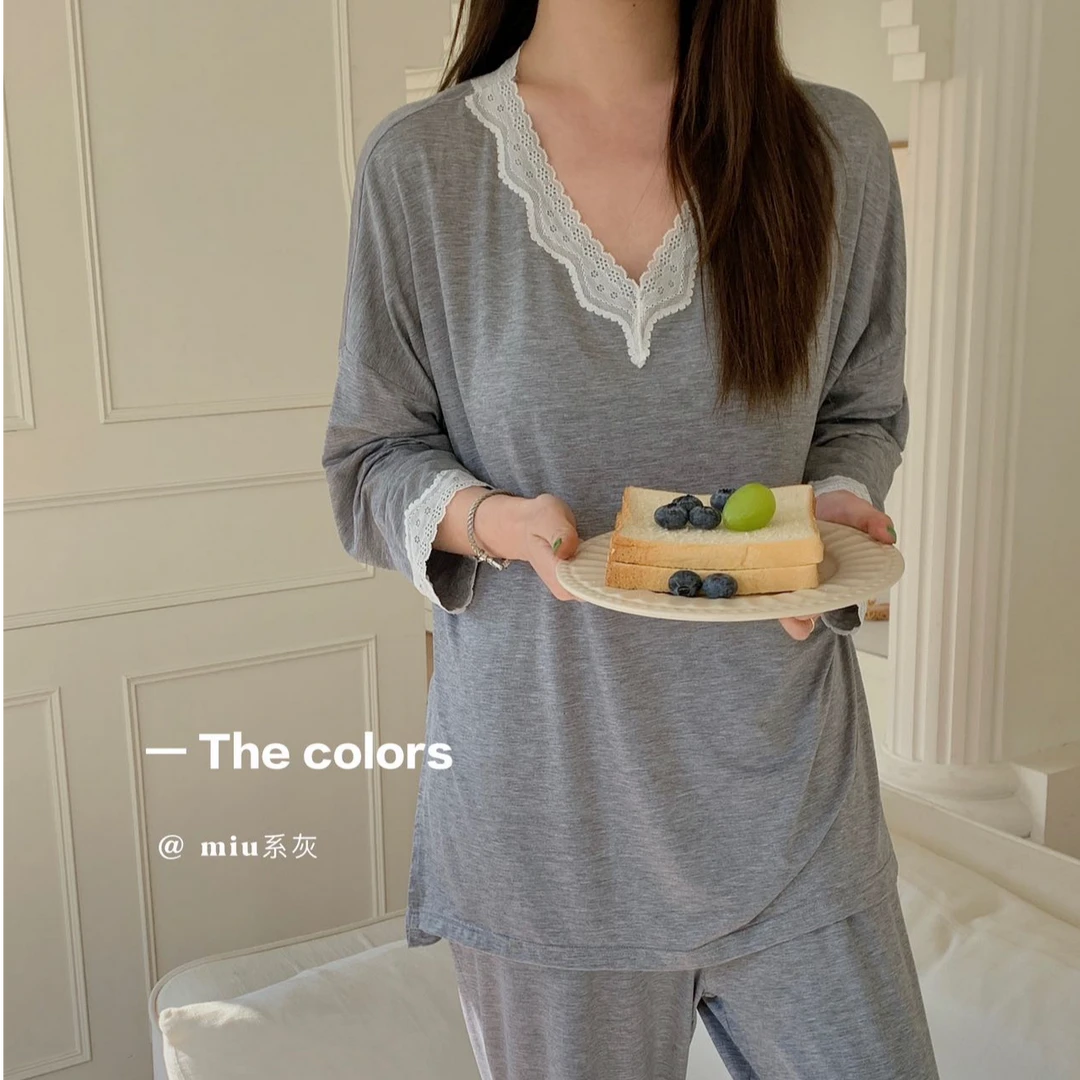 妍筱依ins晚安系列蕾丝V领睡衣套装长袖带胸垫薄款透气亲肤家居服