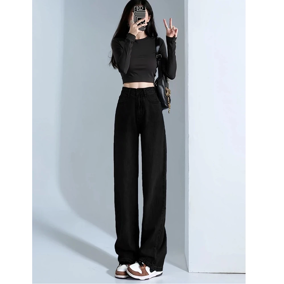 2025春秋新款窄版阔腿白色牛仔裤女垂感小个子宽松显瘦直筒牛仔裤