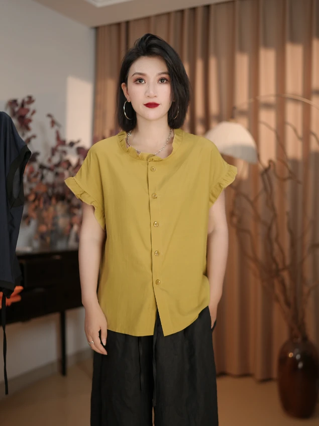 5015女士新款纯色潮流百搭飞飞袖衬衫