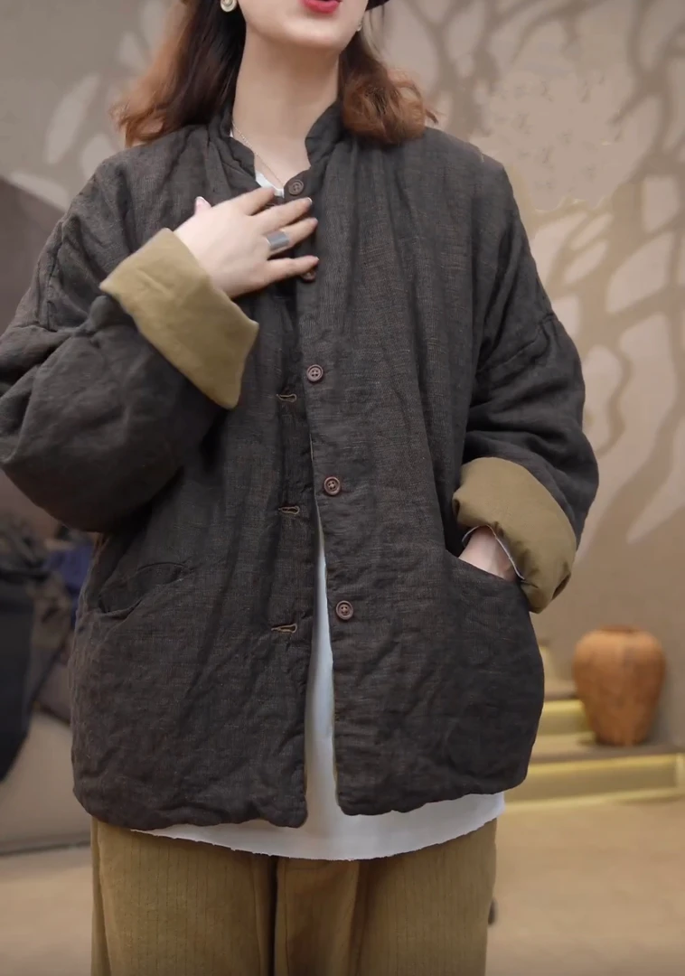 Li Wang/里望设计师款 木桃 色织亚麻面料 黄牛角扣保暖上衣