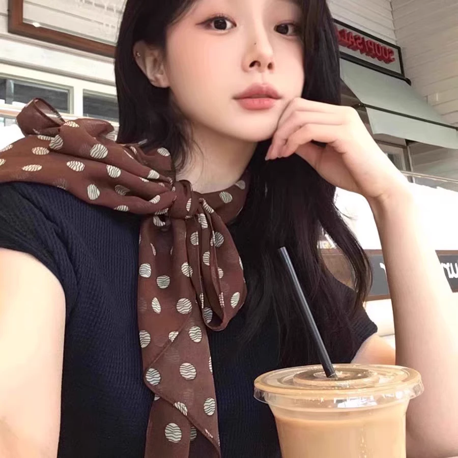 棕色波点丝巾印花高级百搭配饰系脖女2025年新款发带绑发长条围巾