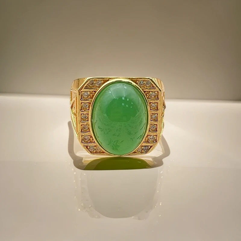 【为民珠宝】青瓷意欢曲线回廊合金镶嵌男士玉髓戒指BJ10124