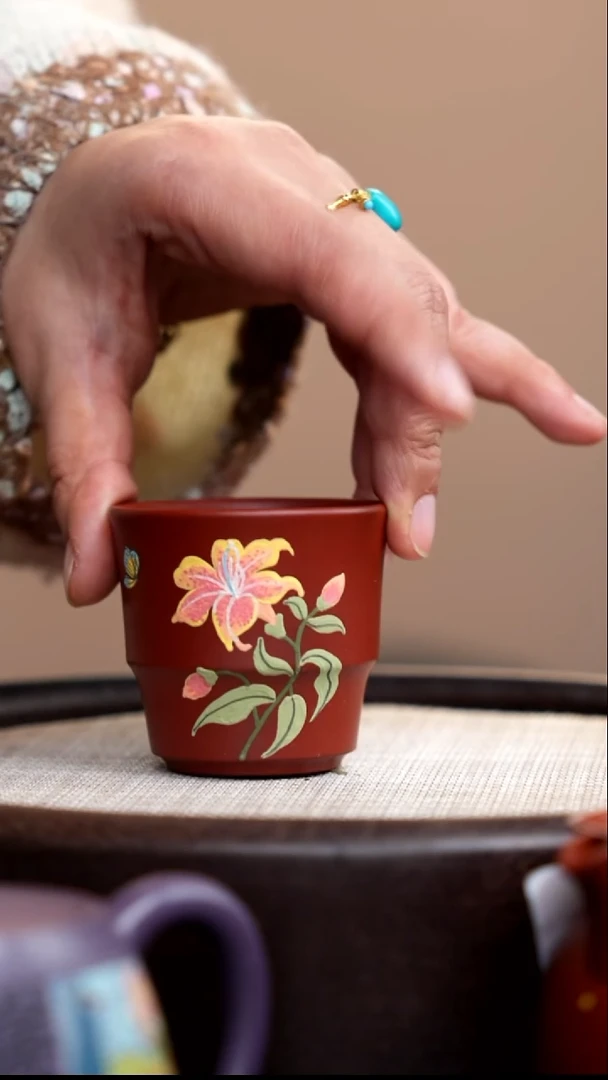 茶壶紫砂朱泥小竹节杯泥绘花