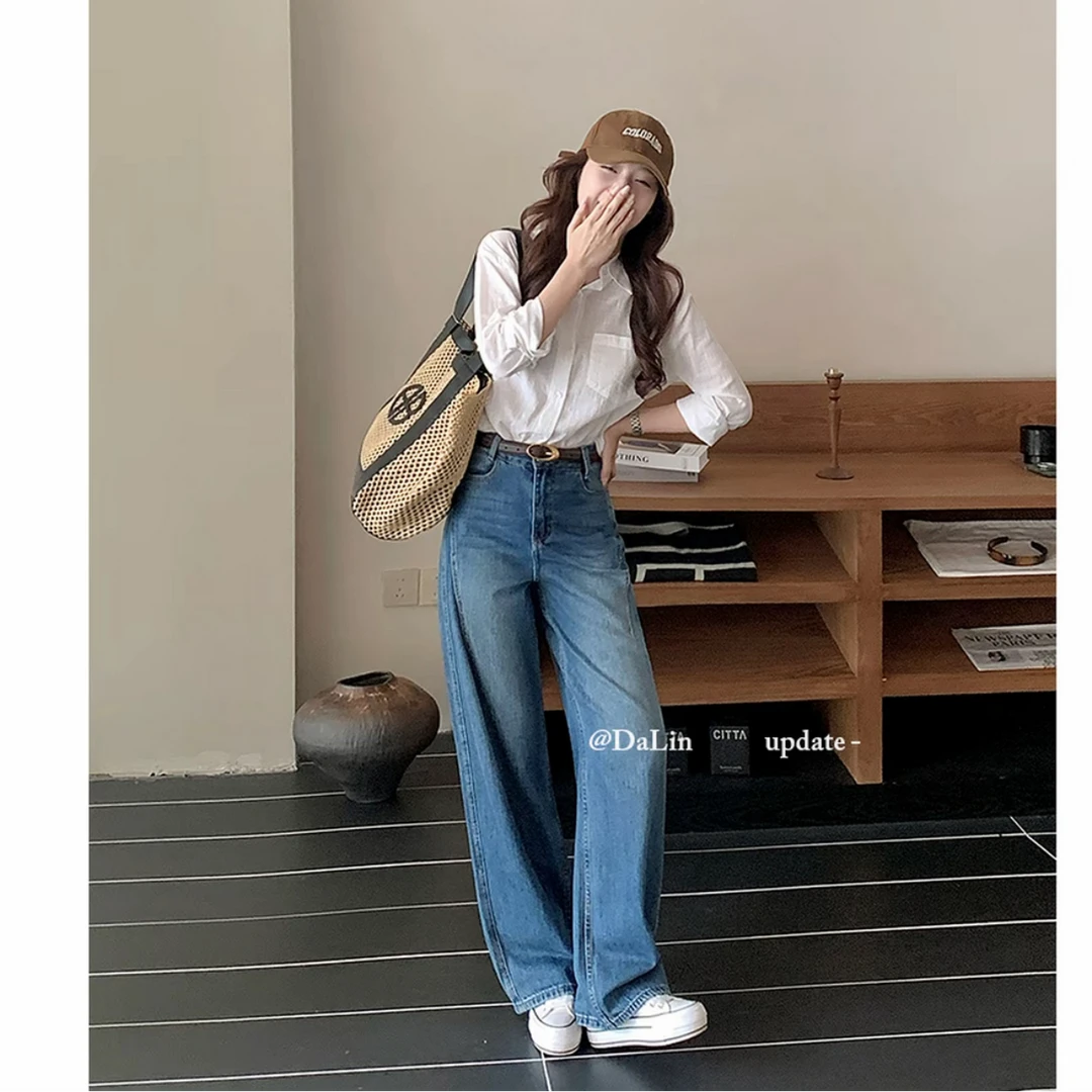 【现货+运费险】深蓝色直筒牛仔裤女2025秋季新款大码显瘦阔腿裤子Q