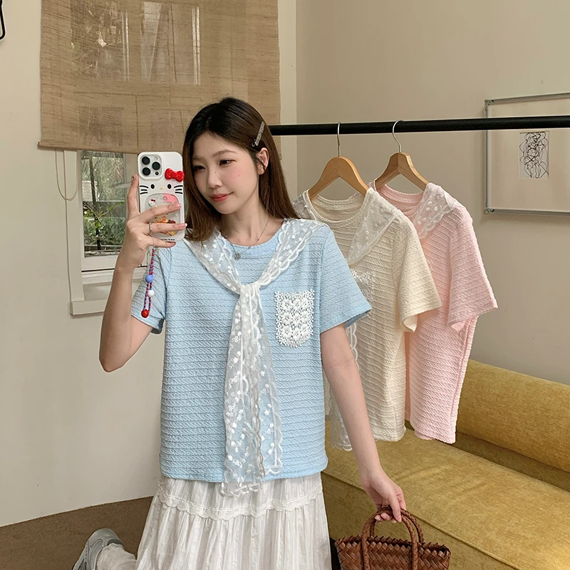 Q2025夏装新款胖mm大码女韩版蕾丝披肩立体花朵别致短袖T恤A1230