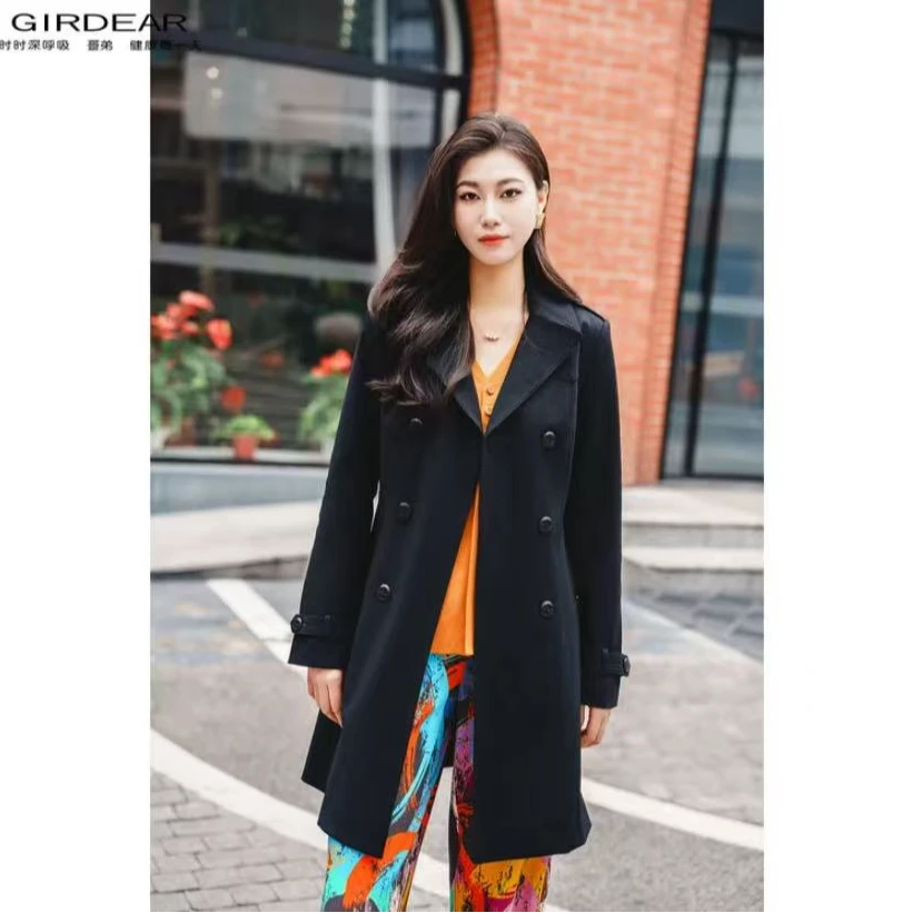 哥弟  中长款气质百搭腰带经典翻领双排女士扣招牌风衣140006