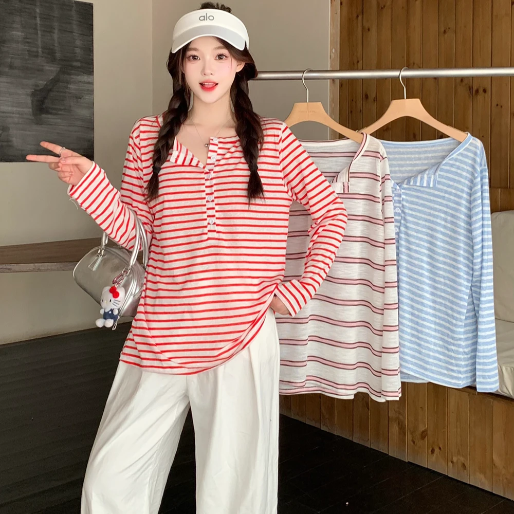 2025年大码女装慵懒风半开领条纹显瘦防晒T恤上衣3353