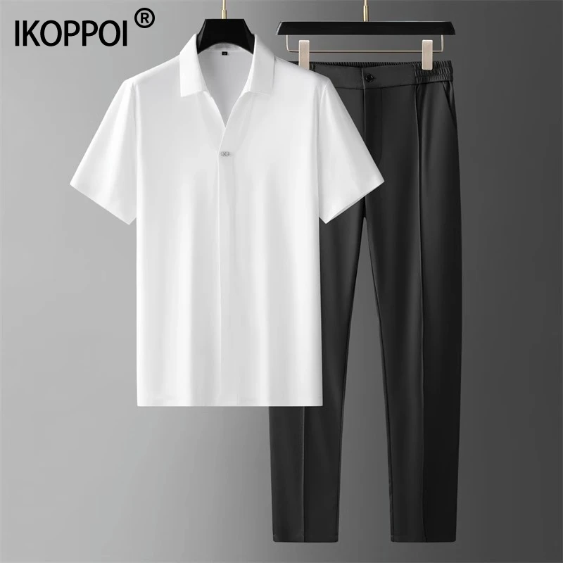 高端超薄冰丝休闲套装男2025夏季商务翻领丝滑无缝短袖长裤两件套