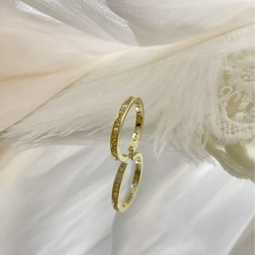 铜合金锆石戒指 欧美复古珍珠带钻镶贝珠锆石戒指简约气质可调节