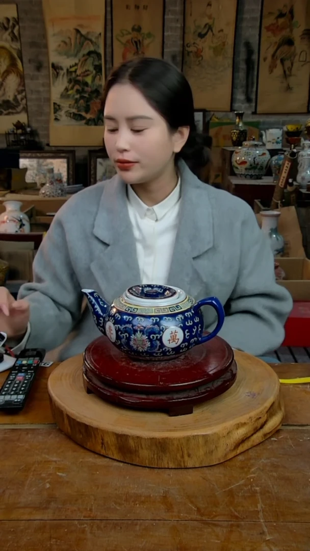 摆件陶景德镇陶瓷摆件蓝色万寿无疆大茶壶