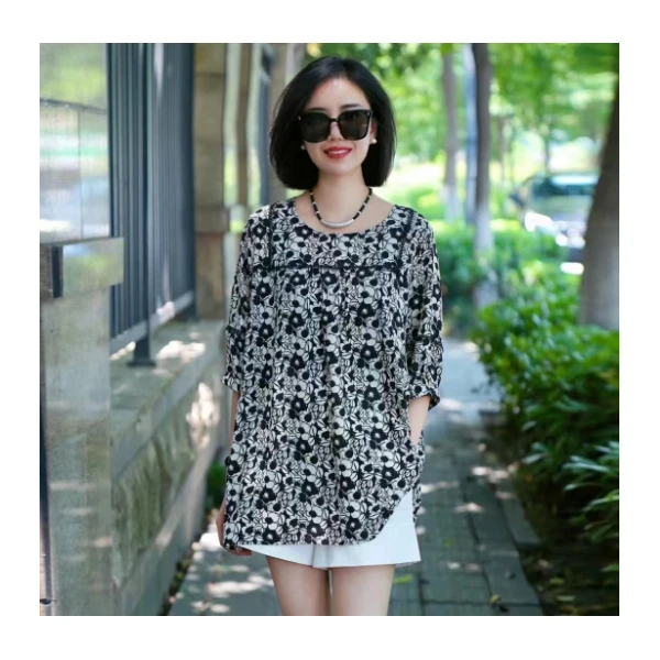 网红洋气爆款蓝色休闲夏季轻薄百搭宽松薄款印花衬衫上衣碎花气质