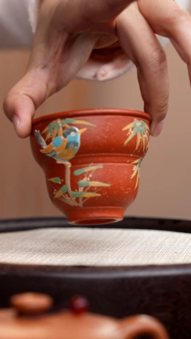 紫砂茶壶降坡泥葫芦杯泥绘竹鸟