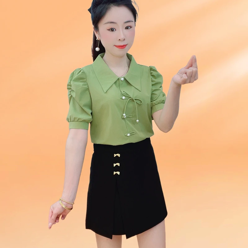 2025年夏季衬衣女新款新中式复古国风短袖时尚洋气蝴蝶结盘扣衬衫