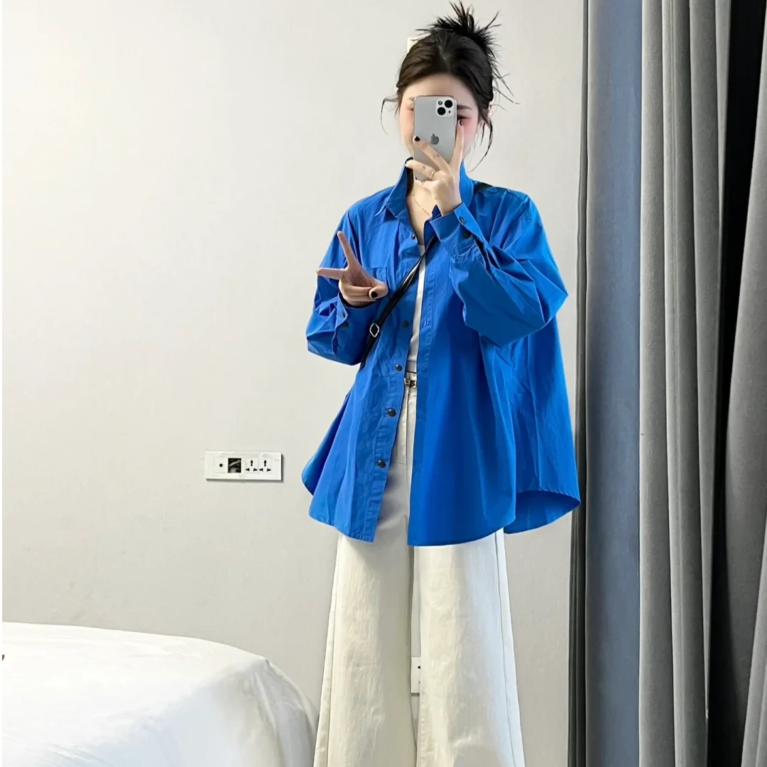 2025春夏新款韩系穿搭高级感克莱因蓝衬衫搭配高腰休闲裤两件套女