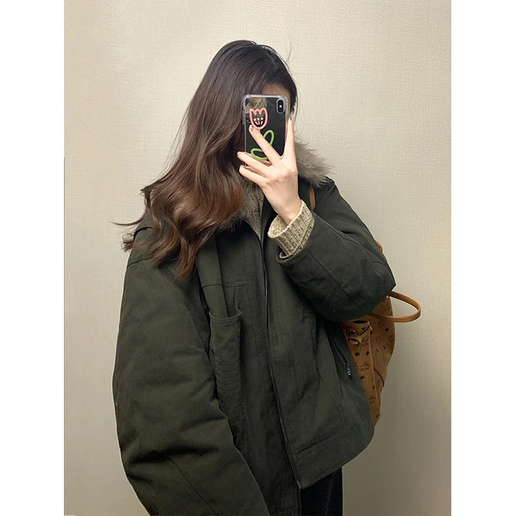绿色工装风翻毛领夹克外套女装春季新款复古美式宽松百搭休闲上衣