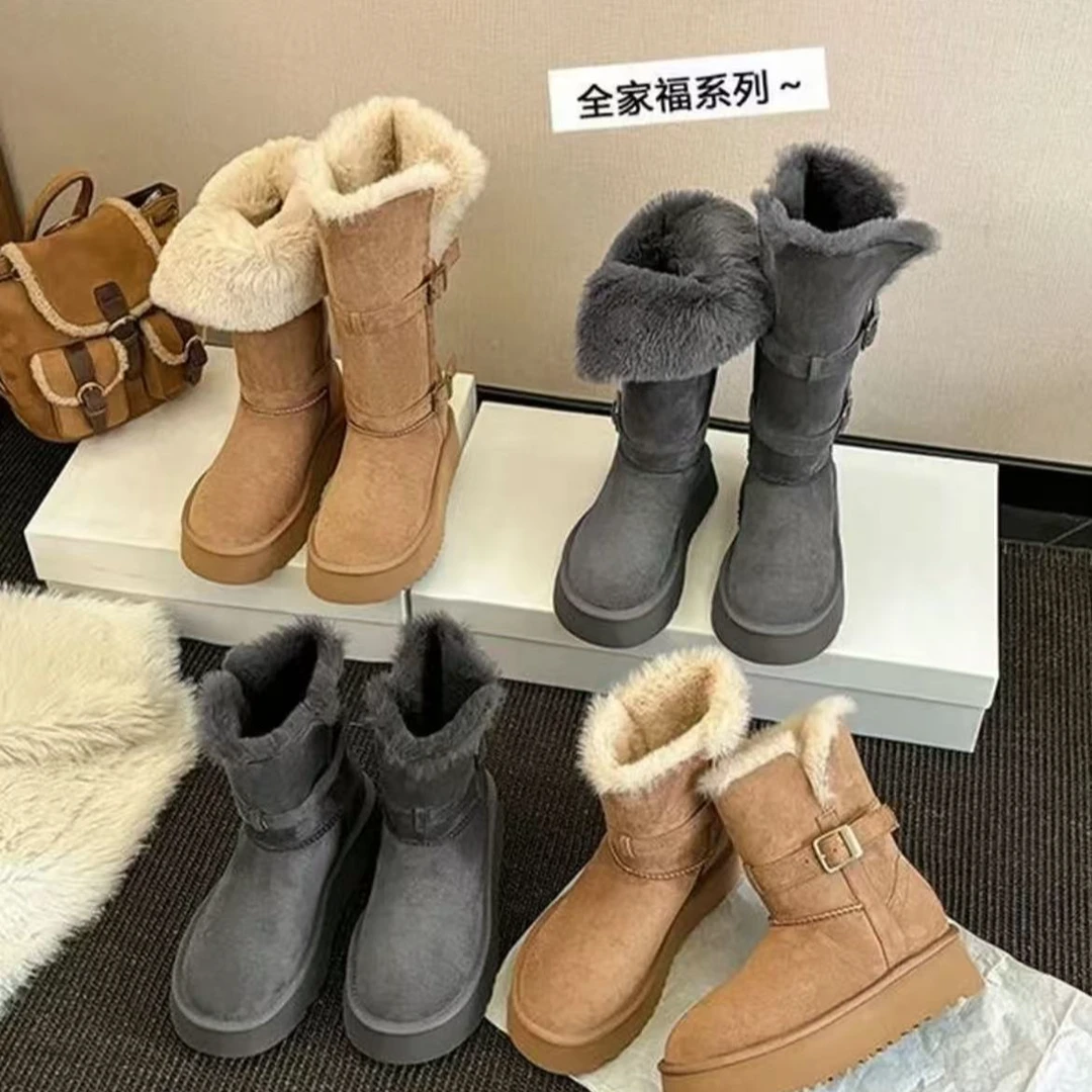高筒灰色雪地靴女2025冬季新款厚底加绒加厚中长筒雪地棉靴子棉鞋