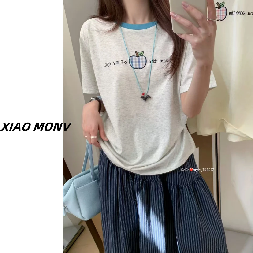 【小魔女家】❤T恤刺绣小苹果休闲风圆领休闲短袖-尾O0016