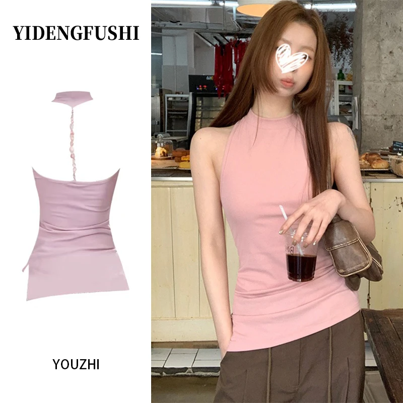 YIDENG美式复古欧若风穿搭清新感挂脖吊带背心夏季新款修身女上衣