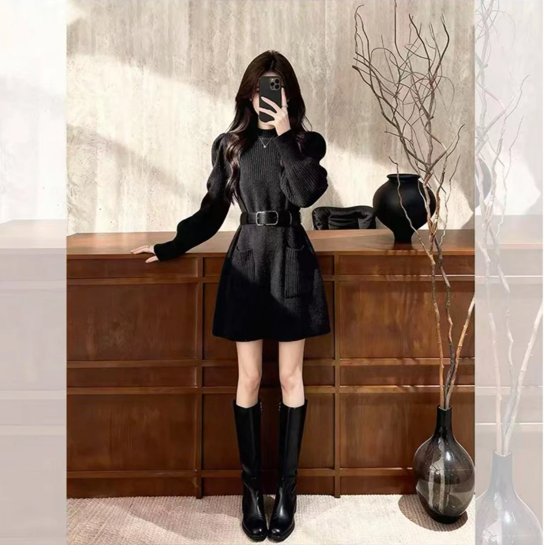 简约通勤/简约高腰收腰连衣裙时尚百搭女装网红套头针织裙