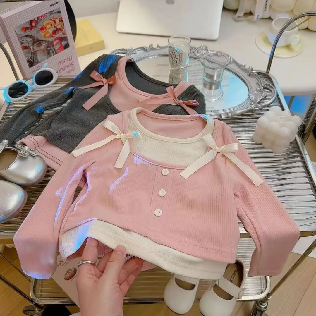 2025新款女童甜美百搭假两件打底蝴蝶结T桖韩版儿童时尚洋气打底