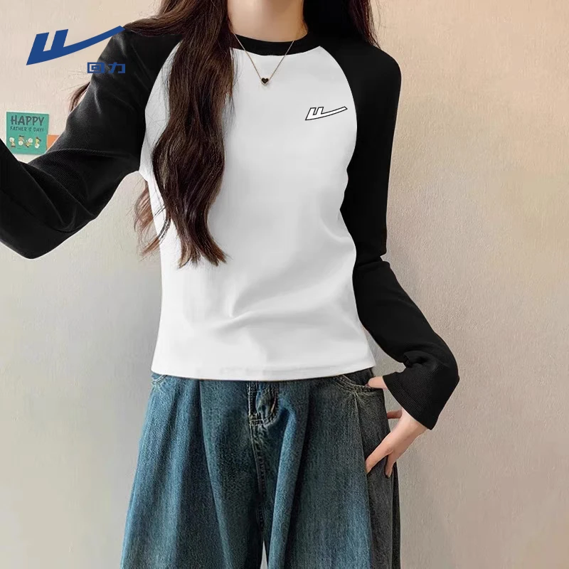 回力修身长袖t恤女2025新款春秋季撞色插肩袖体恤圆领上衣体恤女