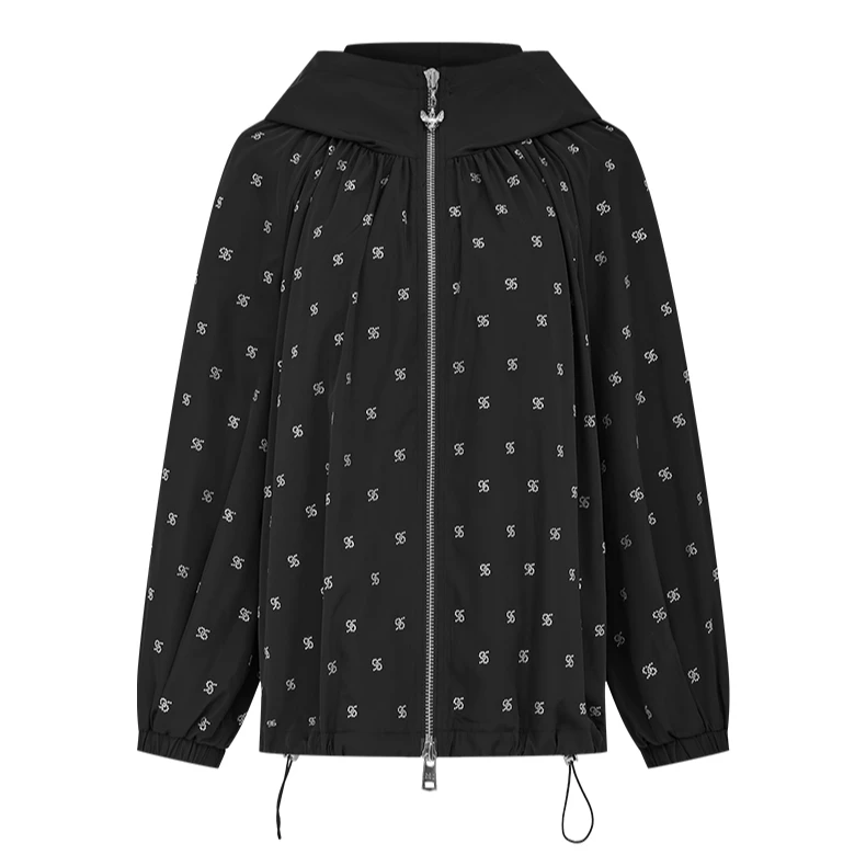 【丽公主】曼德诗中长款风衣满印宽松连帽拉链外套M424308924