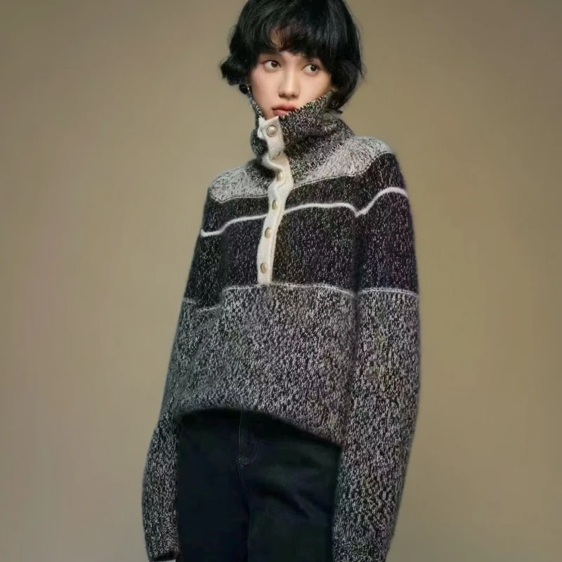 【段公子甄选】2024新款法式重工花纱宽松大版翻领套头针织毛衣女