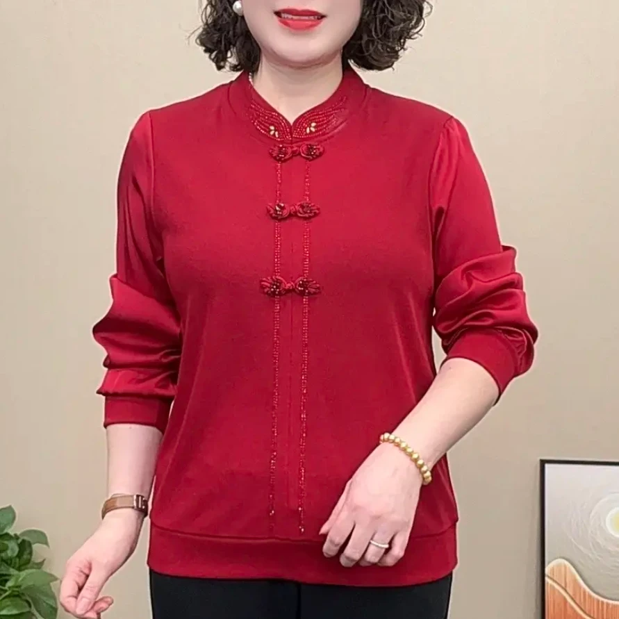 春季新款时尚圆领盘扣显瘦百搭妈妈装新中式国风长袖上衣气质小衫